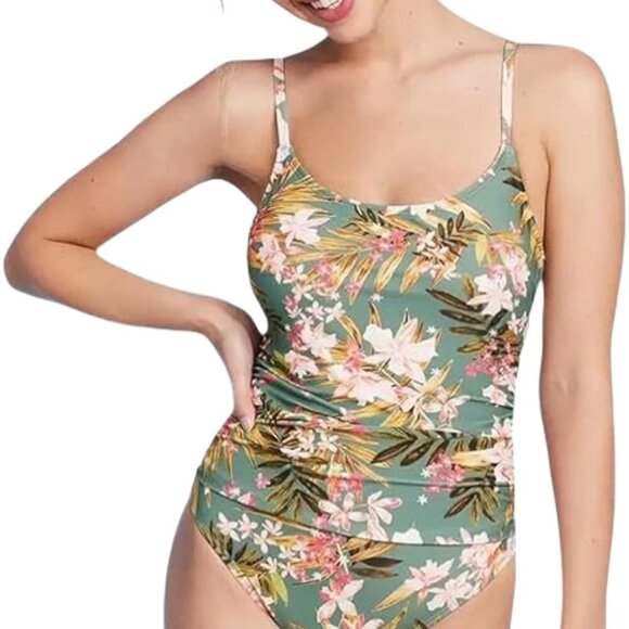 Kona Sol NWT Green Tropical Floral Ruched Built-In Shelf Bra Swimsuit Size S - Picture 1 of 9